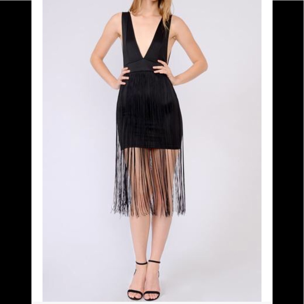 Black V Neck Fringe Accent Dress